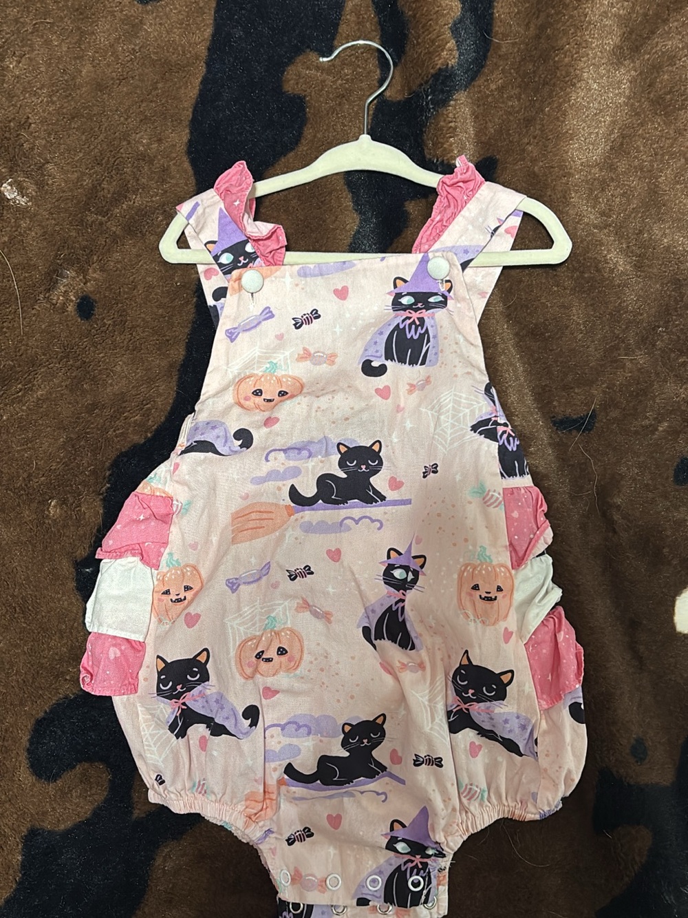 Pink Halloween Cat Print Baby Romper with Ruffle Straps